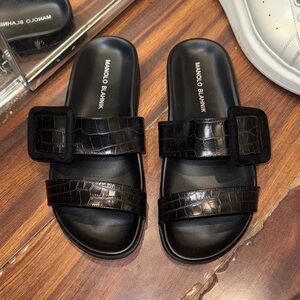 Manolo Blahnik Black Croc-Pattern Slides